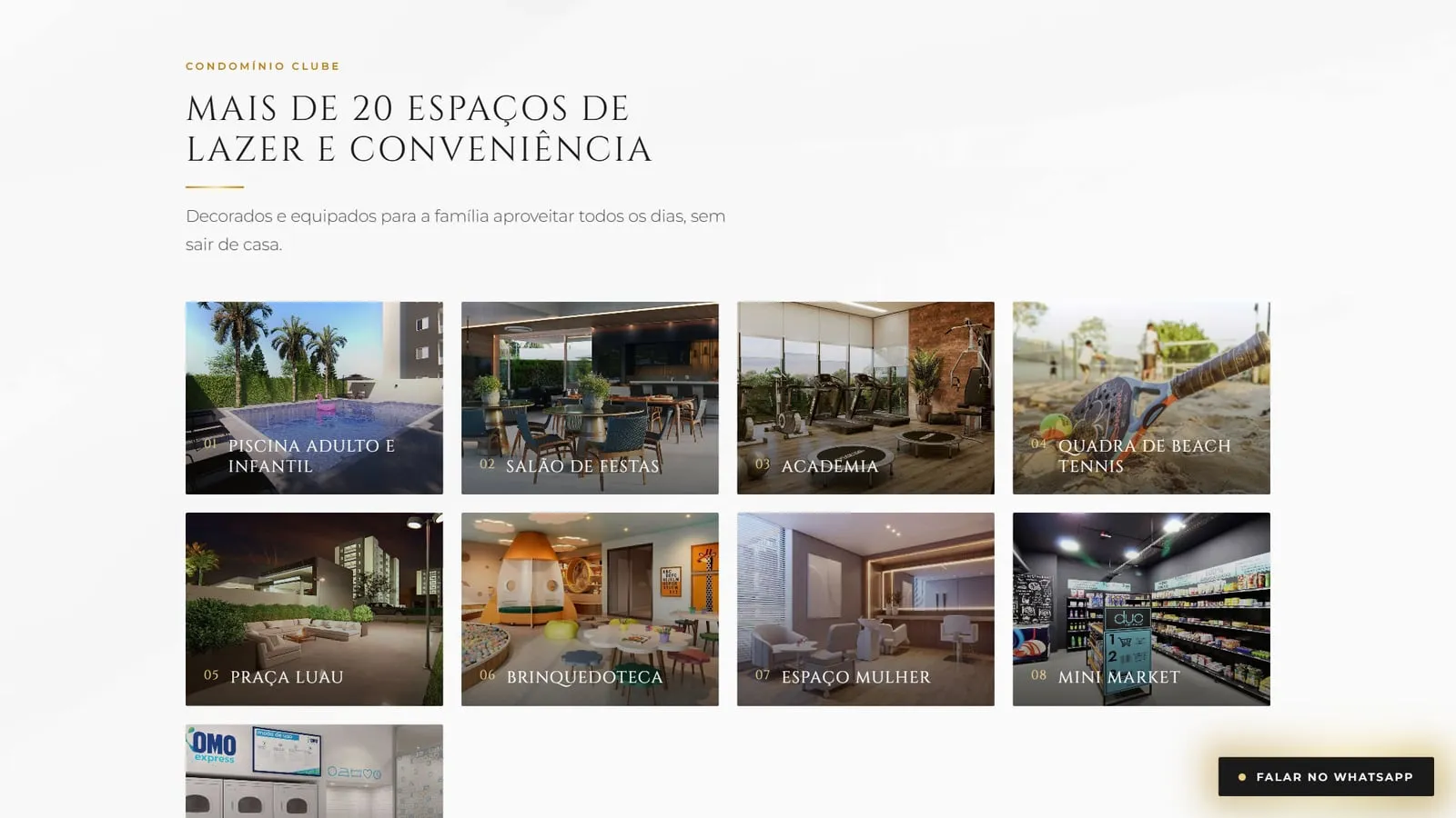 Seção de lazer da landing com o título Mais de 20 espaços de lazer e conveniência e cartões numerados da piscina, salão de festas, academia, quadra de beach tennis, praça luau, brinquedoteca, Espaço Mulher e mini market