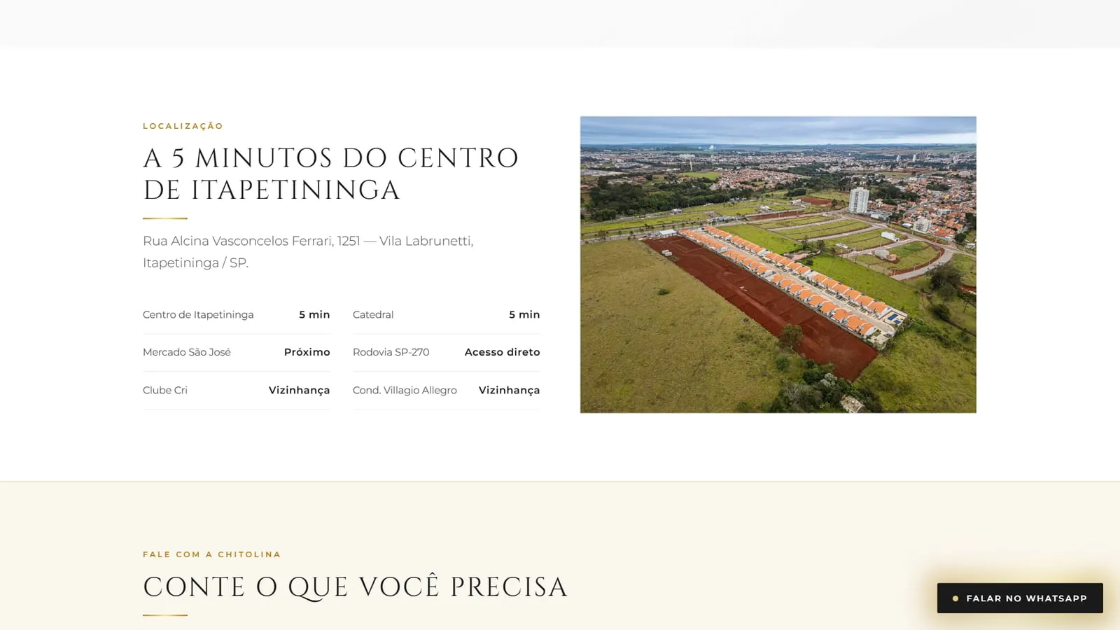 Seção de localização da landing com o título A 5 minutos do centro de Itapetininga, os tempos até o centro, a catedral e a rodovia SP-270, e uma foto aérea da região