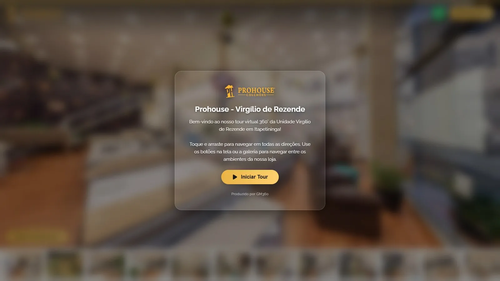 Tela de abertura do tour da Prohouse com o salão desfocado ao fundo e um cartão translúcido com o logotipo dourado, o título Prohouse - Virgílio de Rezende, as instruções de navegação e o botão dourado Iniciar Tour