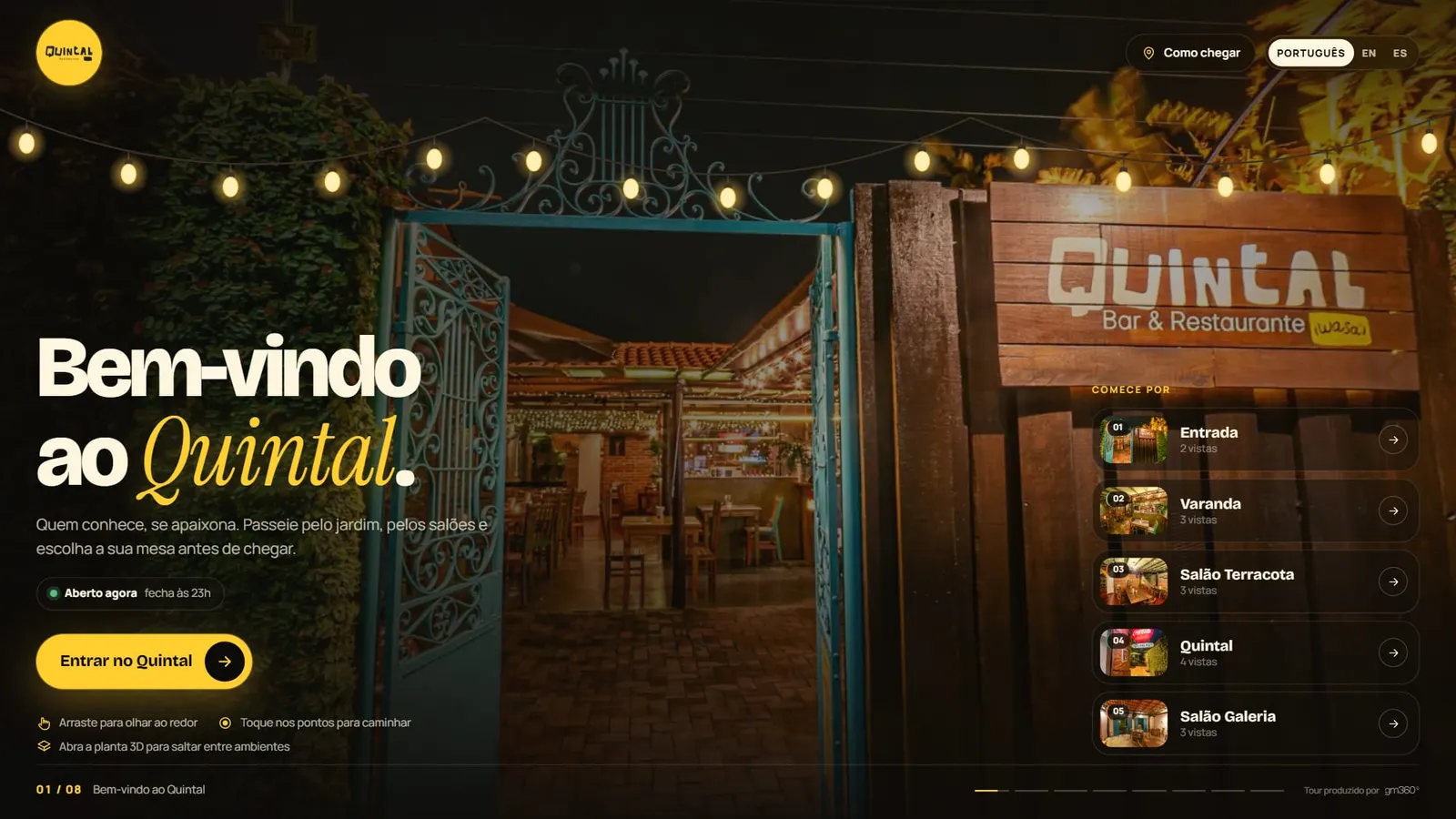 Tela de abertura do tour do Quintal Iwasa'i sobre a foto noturna do portão azul aberto e da placa de madeira da casa, com um varal de lâmpadas aceso no alto, o título Bem-vindo ao Quintal, o selo Aberto agora, o botão Entrar no Quintal e, à direita, a lista Comece por com as cinco áreas numeradas