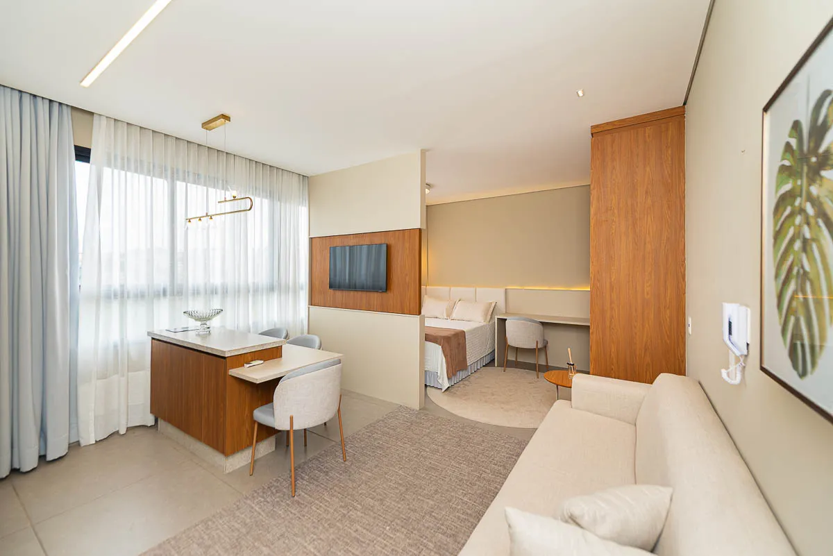 Studio integrado com sala e quarto do Urban Residence
